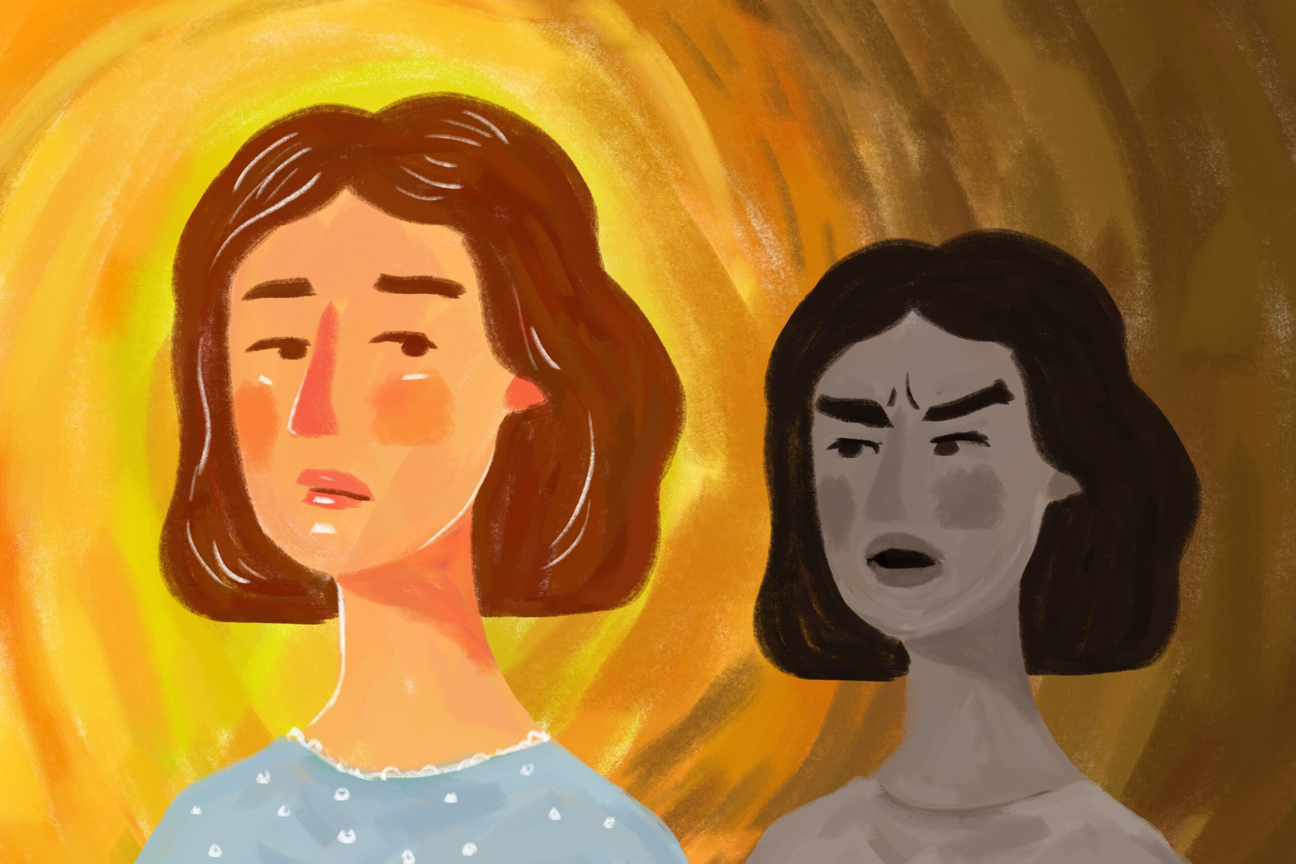 Illustration of a woman and her harsh inner critic, representing self-esteem challenges and self-criticism therapy themes.