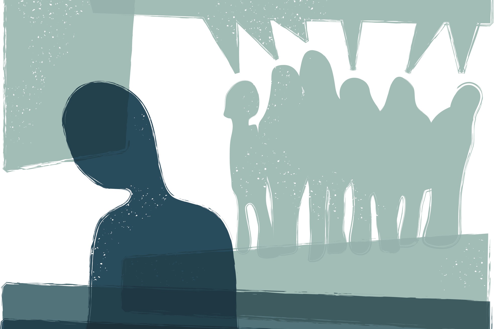 Illustration of a person standing alone while a distant group talks in the background, symbolizing feeling unseen or disconnected in relationships.