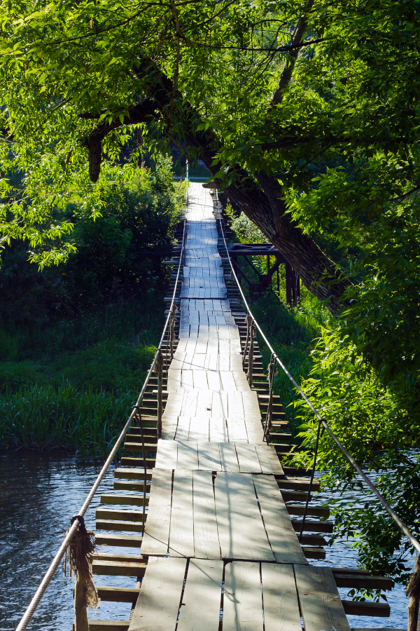 A narrow wooden bridge over water, reflecting the vulnerability and courage it can take to say no when safety feels uncertain