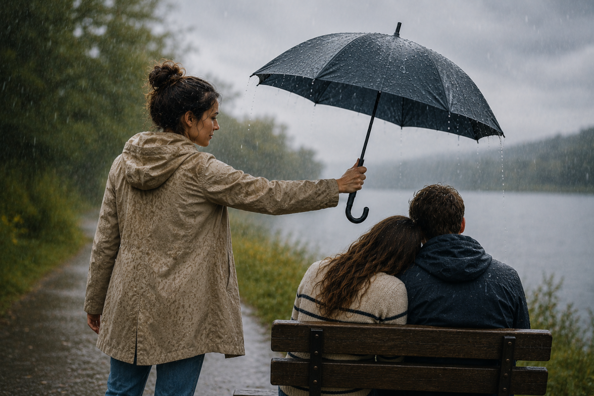 Person holding an umbrella over two others in the rain while becoming wet themselves, symbolizing emotional responsibility, people-pleasing, and caring for others at their own expense.